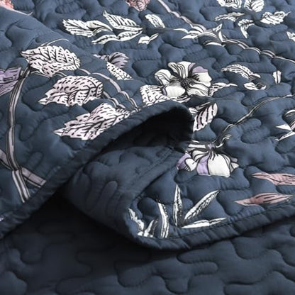 Litanika Floral Dark Blue Quilt King - 3Pcs Botanical Birds Bedding Set
