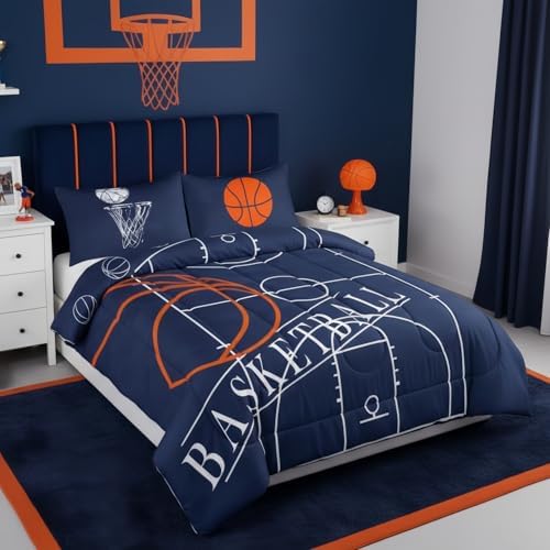 Erosebridal Kids Sports King Comforter Set for Boys - Basketball Bedding, Reversible Duvet Set, Court Quilted Comforter, Ball Game Print