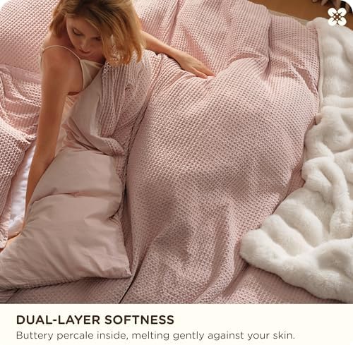 Bedsure PureWoven 3 Pieces 100% Cotton Waffle Duvet Cover Set, King, Pink