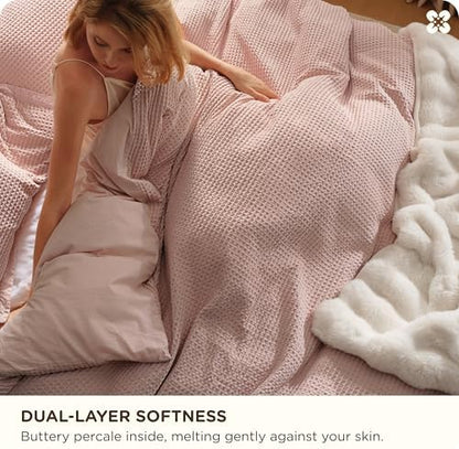 Bedsure PureWoven 3 Pieces 100% Cotton Waffle Duvet Cover Set, King, Pink
