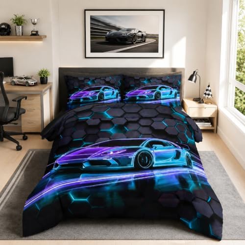 HOSIMA Race Car King Bedding Set Gaming Comforter with 2 Pillowcases.
