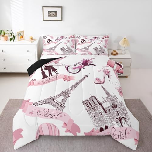 Paris Bedroom Comforter Set King France Eiffel Tower Bedding Set for Kids Girls Women Bedroom Decor Pink Butterfly Tower Down Comforter Romance Couple Travel Quilt Duvet Sets with 2 Pillow Cases White