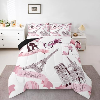 Paris Bedroom Comforter Set King France Eiffel Tower Bedding Set for Kids Girls Women Bedroom Decor Pink Butterfly Tower Down Comforter Romance Couple Travel Quilt Duvet Sets with 2 Pillow Cases White