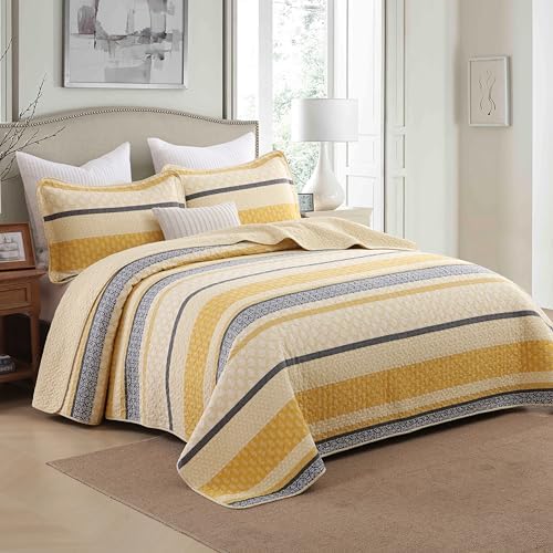Homzard Quilt King Size - Cotton King Quilt Bedding Set, Yellow Black Gray King Size Comforter Set,Farmhouse Striped Bedspread King Size,Lightweight Bedding Home Decor 3 Piece