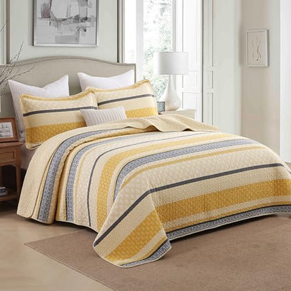 Homzard Quilt King Size - Cotton King Quilt Bedding Set, Yellow Black Gray King Size Comforter Set,Farmhouse Striped Bedspread King Size,Lightweight Bedding Home Decor 3 Piece