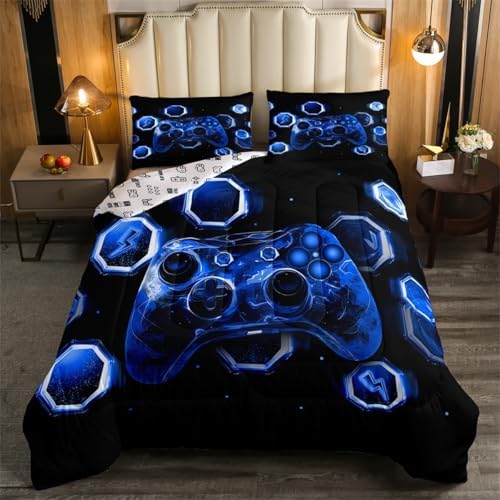 Feelyou Kids Blue Gamer Comforter Set Queen Size for Boys Girls