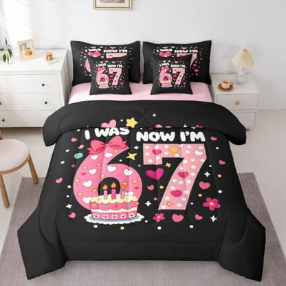 Erosebridal Kids 67 Number Print Twin Comforter Set 7 Piece Cute Pink Kawaii Bedding Set for Girls Princess Bedroom Decor,Girly Trendy Six Seven Bed in A Bag Love Heart Bow Bed Set,Pink Black