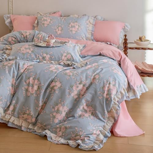Vintage Blue Floral Duvet Cover Set Queen, 100% Cotton Pink Flower Botanical Bedding Set with Ruffle Lace, Cottagecore Style Princess Lace Duvet Cover, Aesthetic Flower Ruffle Comforter Cover Queen