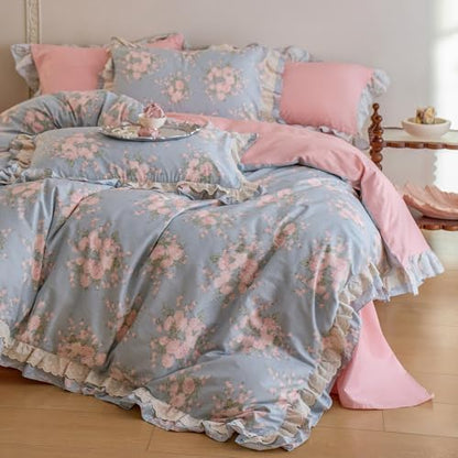 Blue Floral Duvet Cover Set with Pink Flower Pattern Twin XL, Romantic Ruffle Comforter Cover for Kids Girls, Vintage Botanical Cottagecore Bedding 100% Cotton Princess Duvet Cover with 2 Pillowcase