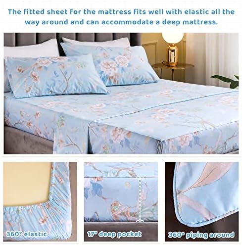 QSH 100% Egyptian Cotton Sheets Full Size Set, Blue Bird Plant Pattern Botanical Luxury Cotton Printed Bedding Floral Full Bed Sheets Extra Soft and Breathable 4pcs Deep Pockets Sheets