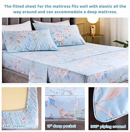QSH 100% Egyptian Cotton Sheets Full Size Set, Blue Bird Plant Pattern Botanical Luxury Cotton Printed Bedding Floral Full Bed Sheets Extra Soft and Breathable 4pcs Deep Pockets Sheets