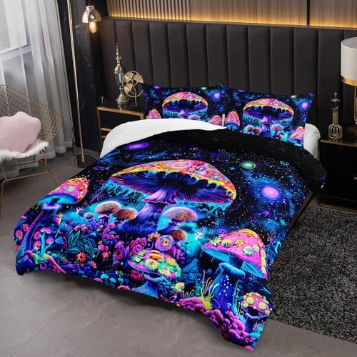 Magical Fantasy Mushroom Comforter Set Twin Size，Galaxy Mushroom Bedding Set Twin for Kids，with 1 Comforter with 2 Pillow Case，Mushroom Themed Bedroom Decor