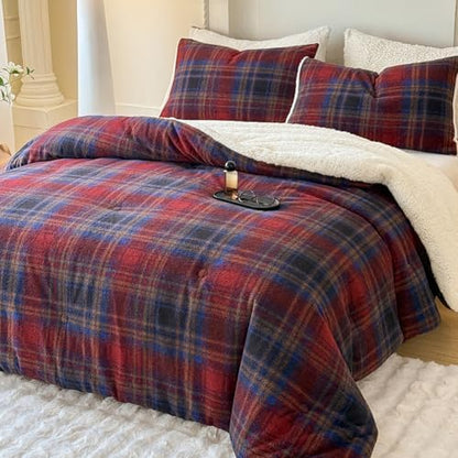 Cyusri Plaid Sherpa Comforter Set 3Pcs Fluffy Warm Fleece Down Alternative, Red Blue Grid Pattern Bedding Set with 2 Pillowcases, Queen Size 90"x90"