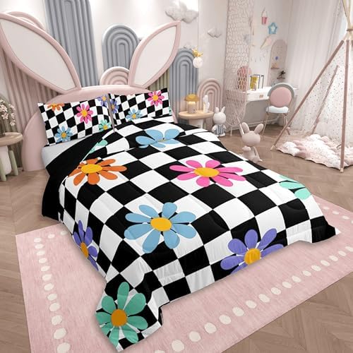 jejeloiu Cute Floral Bedding Set Soft for Boys Girls, Black White Checkerboard Comforter Set King Size Colorful Daisy Duvet Quilt Microfiber Plaid Grid Bedroom Decor 3 Pcs with 2 Pillow Cases