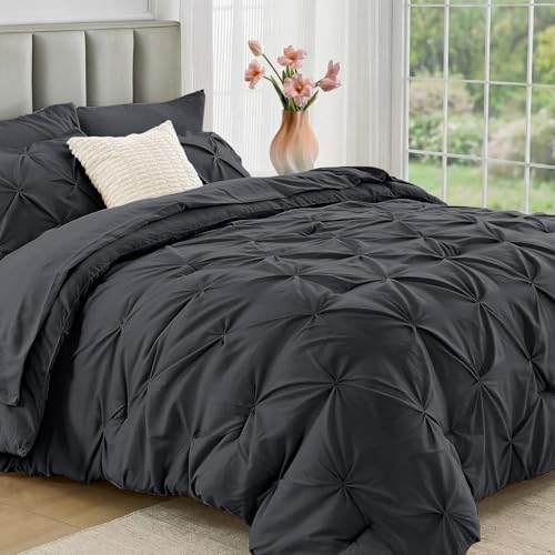 JOLLYVOGUE King Size Comforter Set 7 Pieces - Bed in a Bag King for All Season, Pintuck Bedding Comforter Sets with Comforter, Flat Sheet, Fitted Sheet and Pillowcases & Shams, Dark Grey