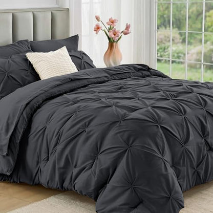 JOLLYVOGUE California King Comforter Set 7 Pieces - Bed in a Bag Cal King for All Season, Pintuck Bedding Comforter Sets with Comforter, Flat Sheet, Fitted Sheet and Pillowcases & Shams, Dark Grey