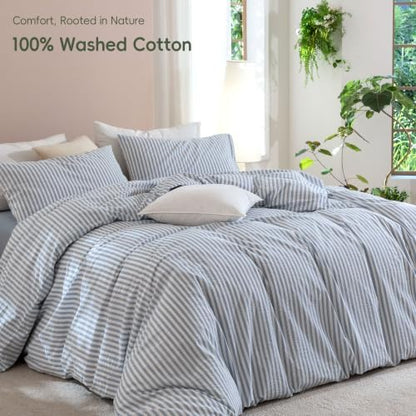 JIYUAN Twin Washed Cotton Duvet Cover Set, 2-Piece, Linen-Like Stripe