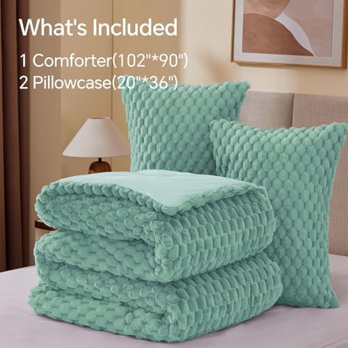 BEDELITE Fluffy King Size Comforter Set, Haze Blue Fleece Bed Set 3 Pieces