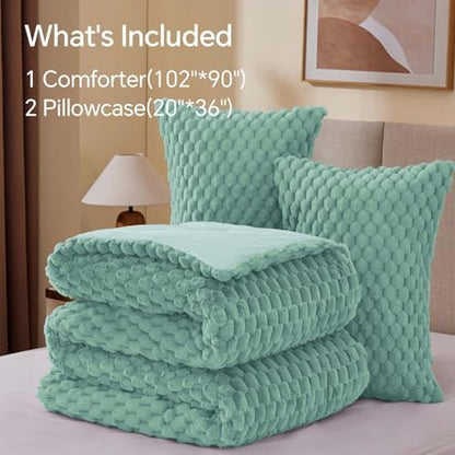 BEDELITE Fluffy King Size Comforter Set, Haze Blue Fleece Bed Set 3 Pieces