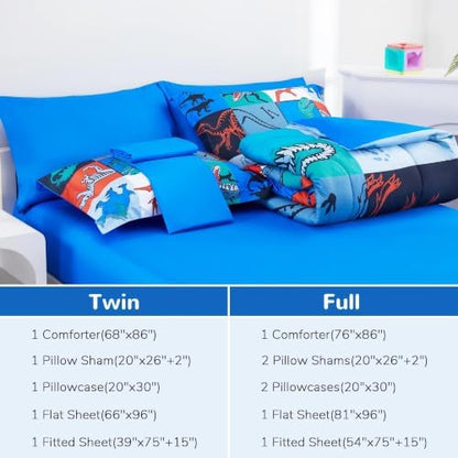 Viviland Kids Bedding Set Full Size Comforter Sets, Bed in Dinosaur Patchwork Cover Set for Children