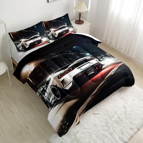 Nttopship Sports Car Comforter Set Twin Size,100% Soft Ultra-fine Fiber Four Season White Racing Car Comforter Set with 1 Comforter and 2 Pillow Case