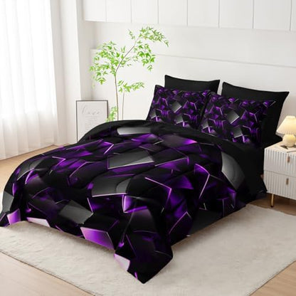 Nttopship Purple and Black Geometric Comforter Set Full Size 7PCS,Abstract Triangular Printed Bedding Set for Adults,Geometric Mordern Art Decor All Seasons with Pillowcases,Flat, Fitted Sheet