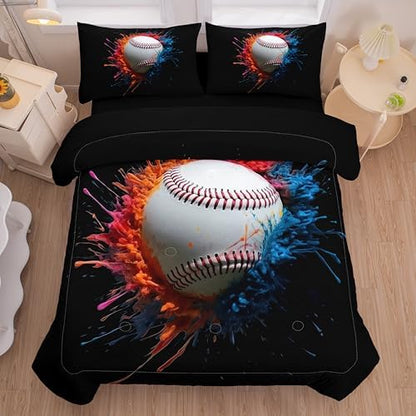 Helloosun 5PCS Baseball Comforter Set Twin,Boys Twin Comforter Set,Sports Baseball Bedding Set with Sheets,Red and Blue Color Bed Set