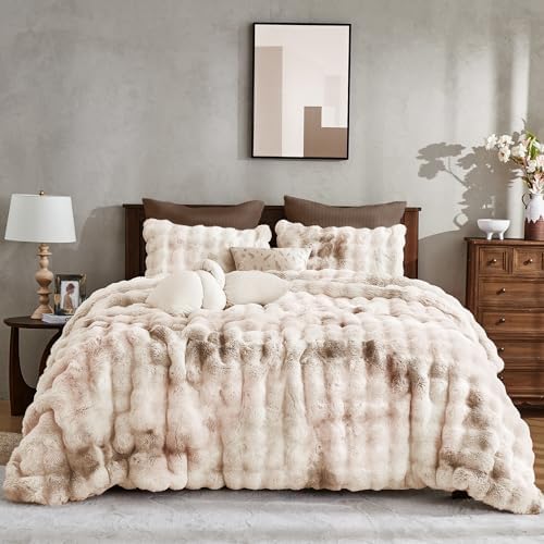 Wonderful - 3 Pieces Faux Rabbit Fur Comforter Set King Size, Beige Tie Dye Plush Bedding Set, 3D Sculpted Bubble Warm Fluffy Comforter for Winter