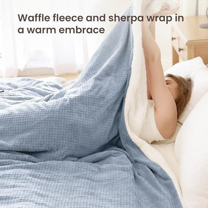 Heated Blanket Electric Blanket Queen Waffle, 84x90 Inches Dual Controllers Sherpa Fleece Fast Heating Blanket 6 Heating Levels & 10 Hours Auto Off ETL Certification, Haze Blue Queen