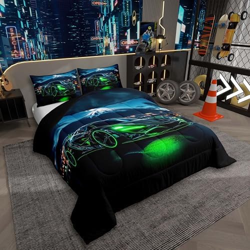 Green Race Car Toddler Comforter Set for Boys,3D Emerald Green Racing Car Bedding for Kids Teen,Cool Speed Cars Down Comforter for Adults Extreme Sports Gaming Quilt Bed Set Lightweight Duvet Insert