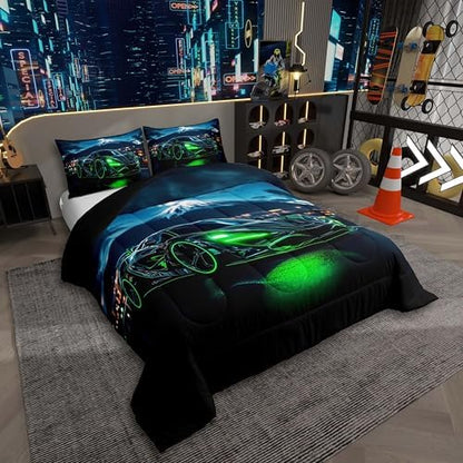 Green Race Car Toddler Comforter Set for Boys,3D Emerald Green Racing Car Bedding for Kids Teen,Cool Speed Cars Down Comforter for Adults Extreme Sports Gaming Quilt Bed Set Lightweight Duvet Insert