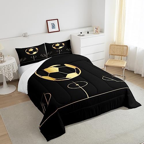 Kids Football Comforter Set King Size Gold Geometric Lines Football Field Bedding Set 3Pcs for Boys Teens Men Room Decor Soccer Sport Games Quilt Set Fashion Black Duvet Insert,2 Pillowcases