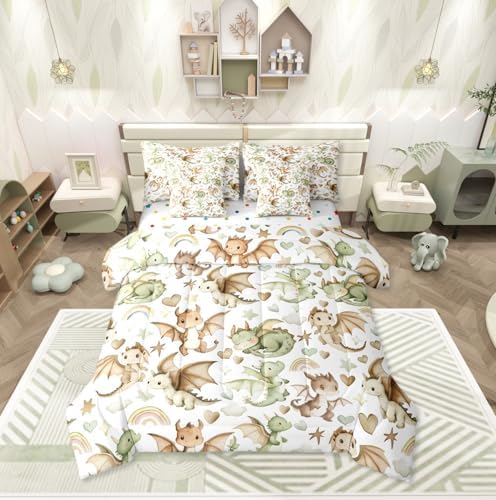 Erosebridal 7 Piece Dragon Comforter Set King Size | Nursery Green Brown Dragons Bedding Set Kids Boys Girls Cartoon Animals Comforter with Sheets Stars Rainbow Heart Pattern Quilt Soft Warm