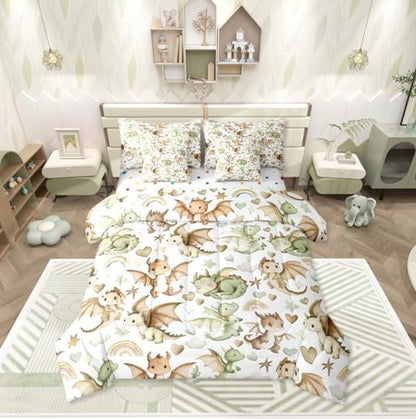 Erosebridal 7 Piece Dragon Comforter Set King Size | Nursery Green Brown Dragons Bedding Set Kids Boys Girls Cartoon Animals Comforter with Sheets Stars Rainbow Heart Pattern Quilt Soft Warm