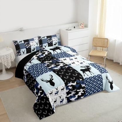 Cute Deer Comforter Set Twin, Military Camo Bedding Set for Kids Boys Teens Bedroom Tribal Animal Antlers Silhouette Quilted Comforter Checkered Plaid Arrows Bedding, Army Blue and White