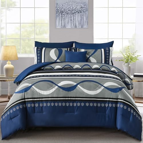 Anibedding Navy Blue Comforter Set Queen Size,8 Pieces Boho Bed in a Bag