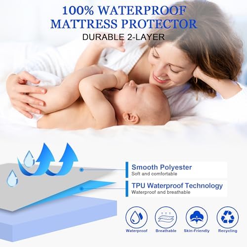 Sufdari Full Size Mattress Protector,Waterproof Mattress Protector,Fitted Sheet Style Mattress Cover with 18" Deep Pocket,Washable and Comfortable-Blue,Full