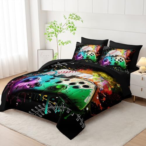 7Pcs Comforter Set Gamepad Baseball Printed Bedding Set with 1 Comforter, 1 Flat Sheet, 1 Fitted Sheet and 4 Pillowcases for Boys and Girls Bedroom (Gamepad-3 Twin