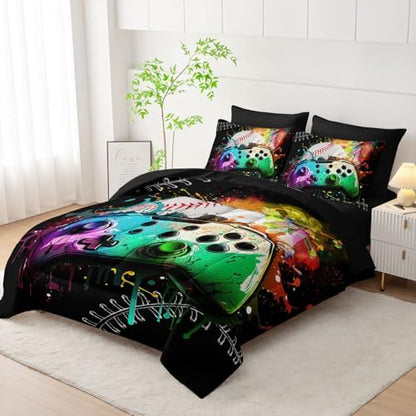 7Pcs Comforter Set Gamepad Baseball Printed Bedding Set with 1 Comforter, 1 Flat Sheet, 1 Fitted Sheet and 4 Pillowcases for Boys and Girls Bedroom (Gamepad-3 Twin