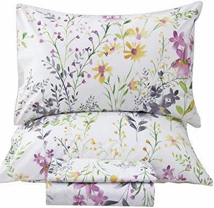 QSH 100% Egyptian Cotton Sheets Full Size Set, Yellow Flowers Plant Pattern Botanical Luxury Cotton Printed Bedding Floral Full Bed Sheets Extra Soft and Breathable 4pcs Deep Pockets Sheets