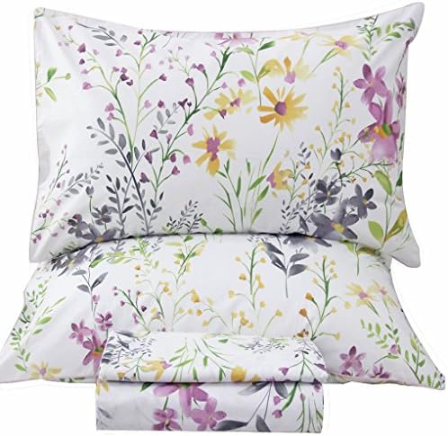 QSH Floral King Size Sheet Sets - Yellow Flower Botanical Pattern Egyptian Cotton Printed Bedding Sheets King Size Bed Soft and Breathable 17.5" Extra Deep Pockets Bed Sheets 4 Pieces