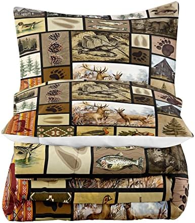 LUVIVIHOME 2PCS Rustic Lodge Comforter Set Twin Size, Fish Bear Deer Cabin Bedding Sets for Men, Forest Animals Elk Moose Duck Wildlife Hunting Fishing Farmhouse Country Patchwork Quilt, 1 Pillow Sham