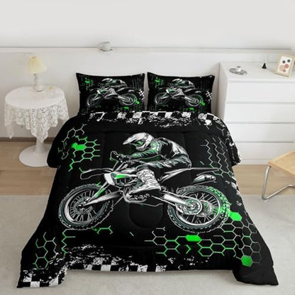 Castle Fairy Motocross Bedding Set King Size,Green Honeycomb Ombre Artwork Comforter Set for Adult Women Bedroom,Extreme Sport Game Ultra Soft Bedding Set with 2 Pillowcases,3Pcs