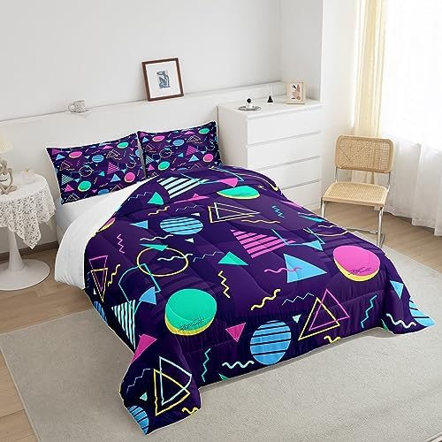 Manfei Memphis Comforter Set Full Size, Retro 80s or 90s Fashion Style Bedding Set 3pcs for Kids Boys Girls, Geometric Triangle Circle Quilt Set Soft Polyester Duvet Set with 2 Pillowcases