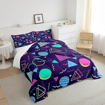 Manfei Memphis Comforter Set King Size, Retro 80s or 90s Fashion Style Bedding Set 3pcs for Kids Boys Girls, Geometric Triangle Circle Quilt Set Soft Polyester Duvet Set with 2 Pillowcases