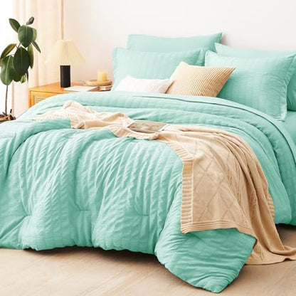 CozyLux Full Size Comforter Set 7 Pieces Mint Green Seersucker Bed in a Bag