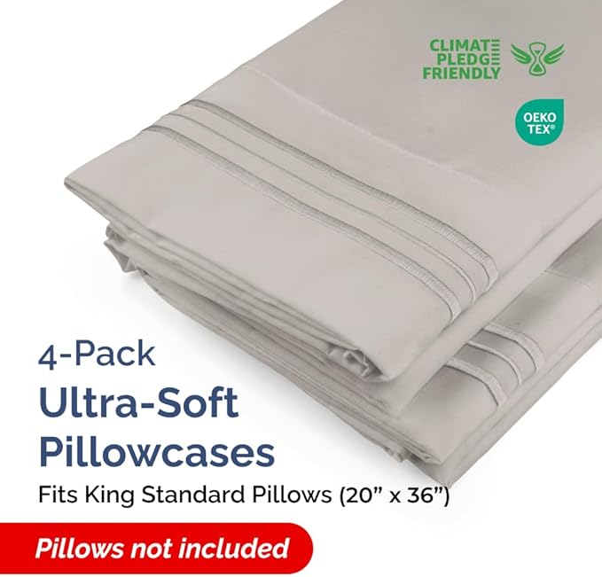 King Standard Pillow Cases Set of 4 - Soft Hotel Quality Pillowcase Covers - Comfy Bedding for Women, Men, Kids & Teens - Machine Washable Pillow Protectors - 4 Piece Set - King Standard Light Grey