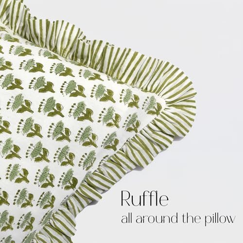 CPC Block Print Emerald Green Ruffle Cotton Lumbar Pillow Cover 14x36 inch