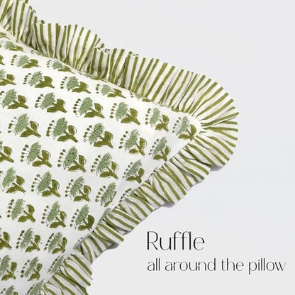 CPC Block Print Emerald Green Ruffle Cotton Lumbar Pillow Cover 14x36 inch