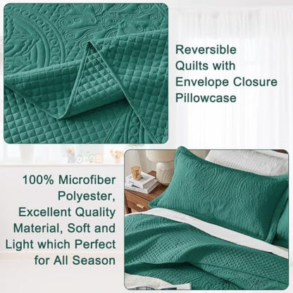 Qucover Queen Bedspread Medallion Pattern Quilt Bedding Set 3 Piece Teal